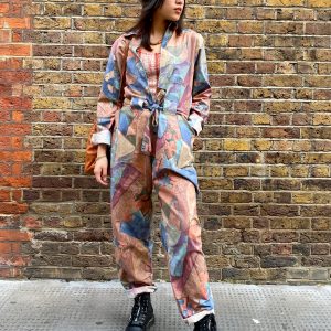late 1980s geometric jumpsuit front view with belt