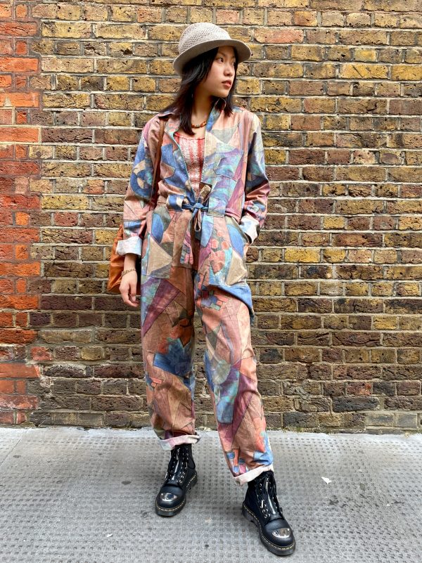 late 1980s geometric jumpsuit front view with belt