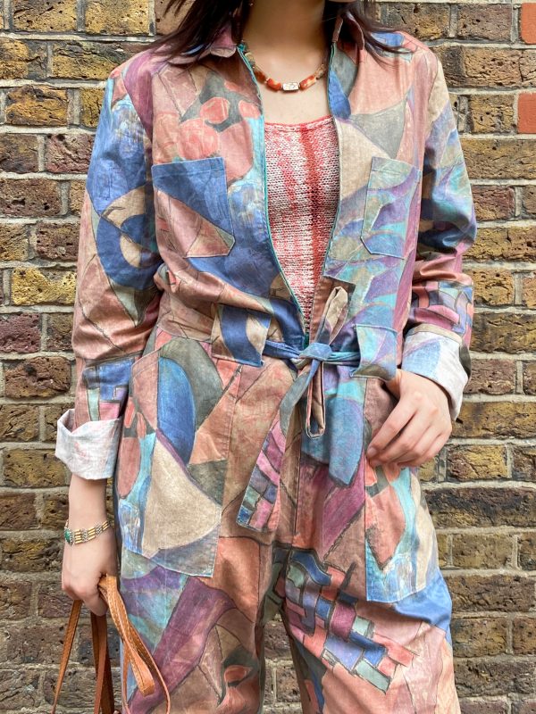 late 1980s geometric jumpsuit front view with belt