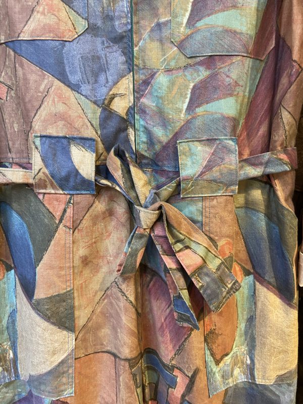 close-up of abstract geometric print on vintage jumpsuit