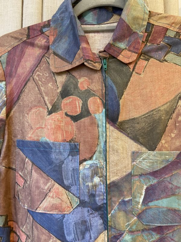 close-up of abstract geometric print on vintage jumpsuit
