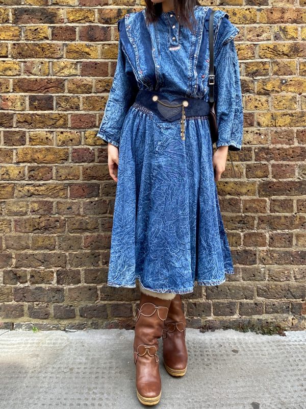 early 1980s crinkled denim dress front view