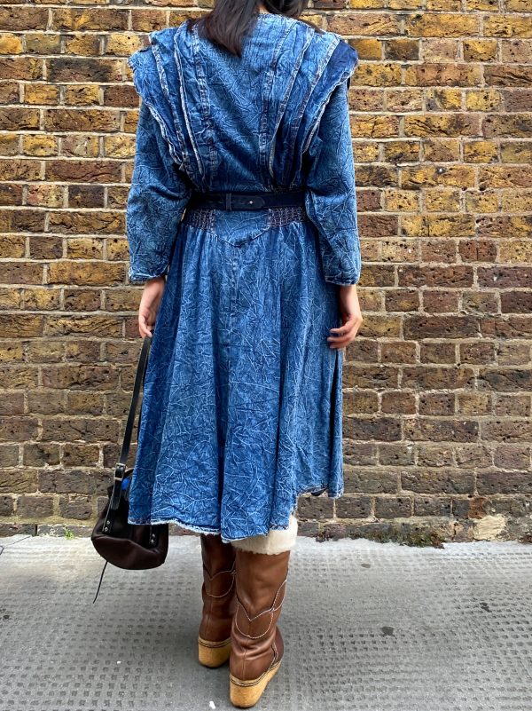 back view of early 1980s crinkled denim dress