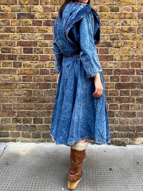 back view of early 1980s crinkled denim dress