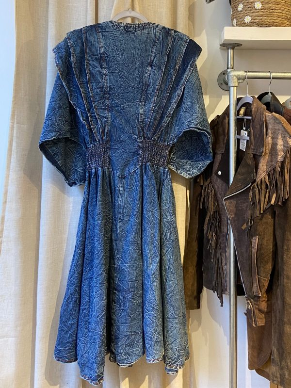 back view of early 1980s crinkled denim dress