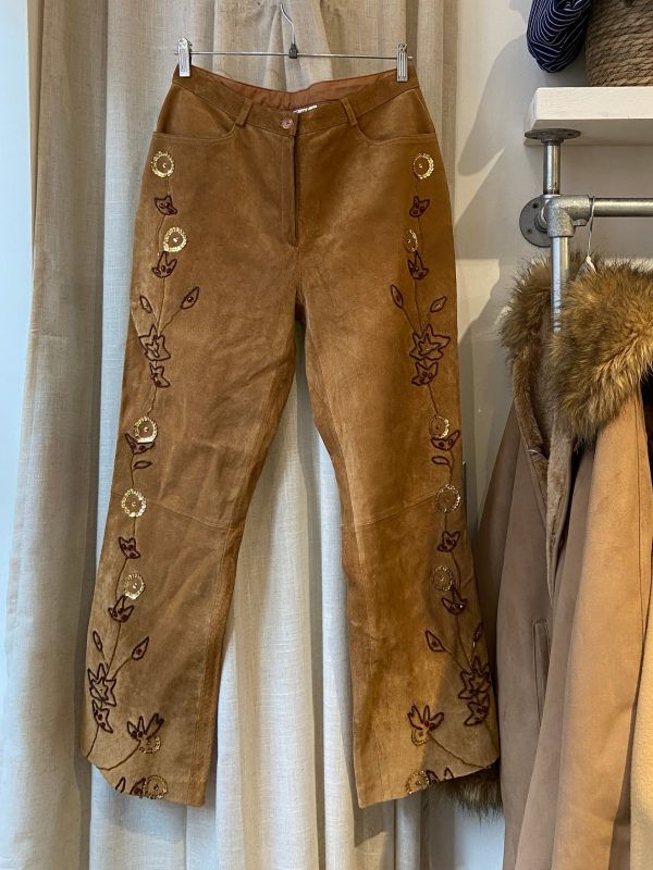 High-waisted suede trousers 1990s embroidered floral design