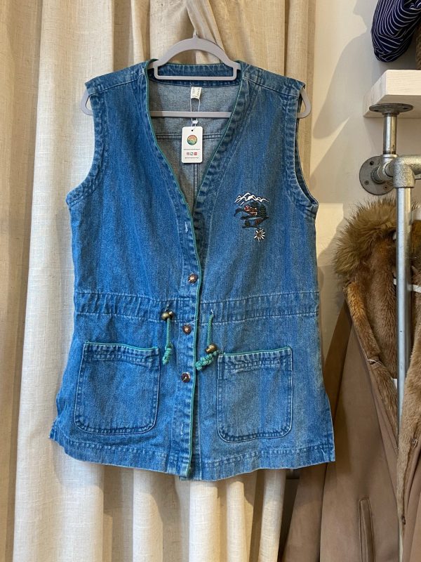1970s embroidered denim waistcoat with Alpine mountain scene and green piped pockets