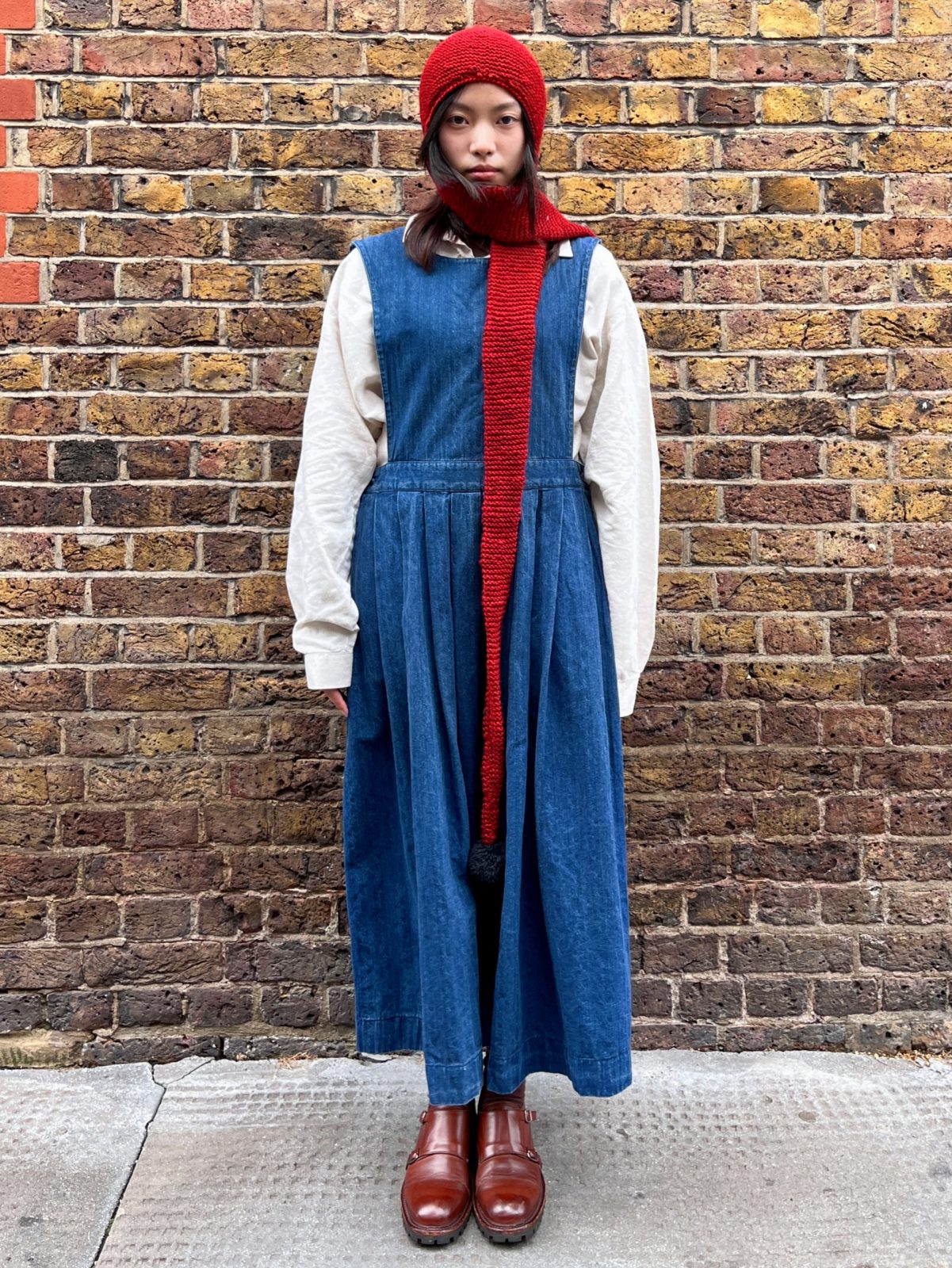 1980s Laura Ashley Denim Pinafore Dress 1 - Gong Nong Bing Vintage Vintage Laura Ashley pinafore worn by model