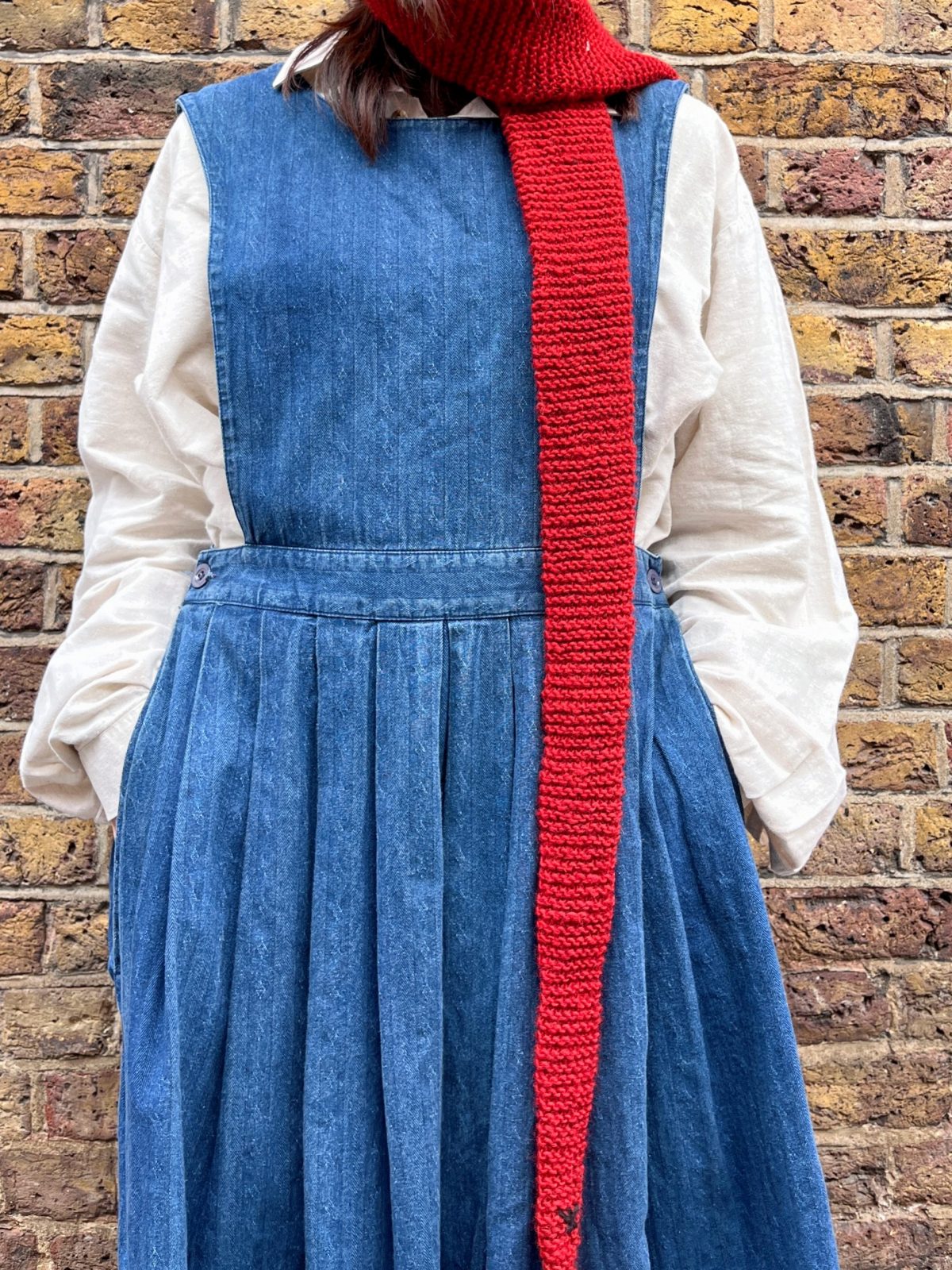 1980s Laura Ashley Denim Pinafore Dress 7 - Gong Nong Bing Vintage Vintage Laura Ashley pinafore worn by model