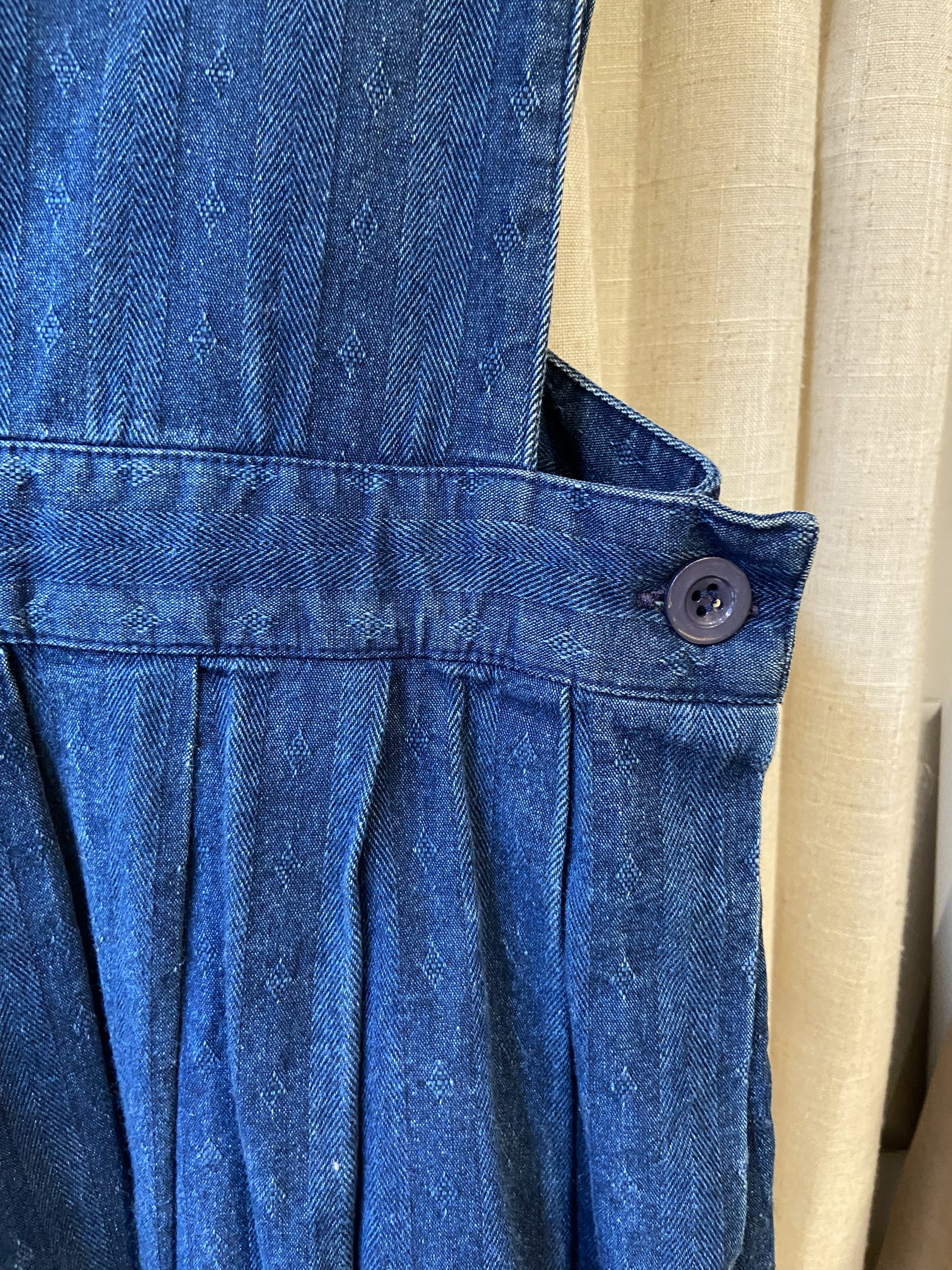 1980s Laura Ashley Denim Pinafore Dress 15 - Gong Nong Bing Vintage Herringbone denim Laura Ashley dress detail