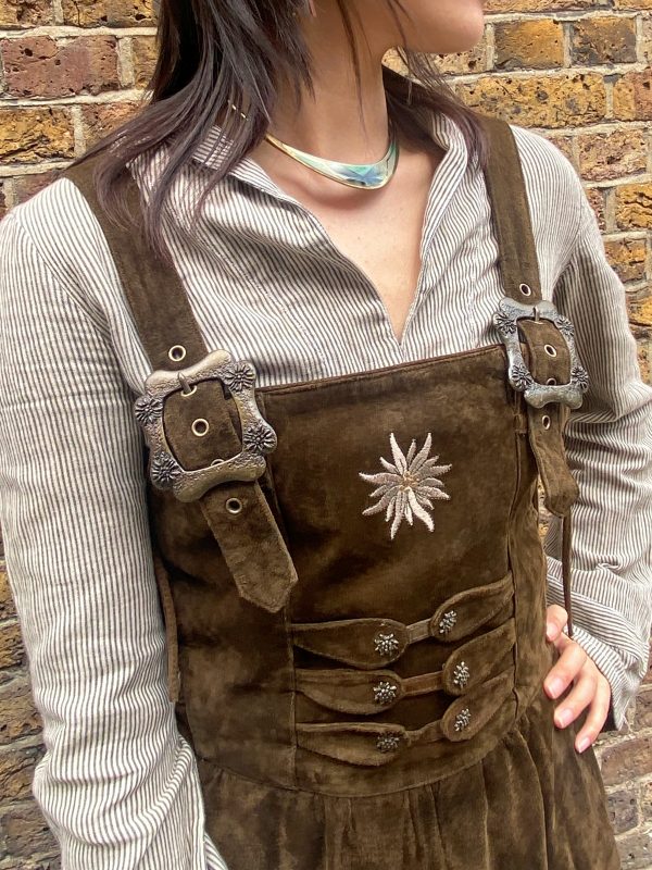 1980s Bavarian suede dress front view with Edelweiss embroidery