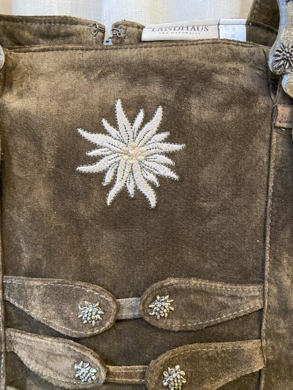 1980s Bavarian suede dress front view with Edelweiss embroidery