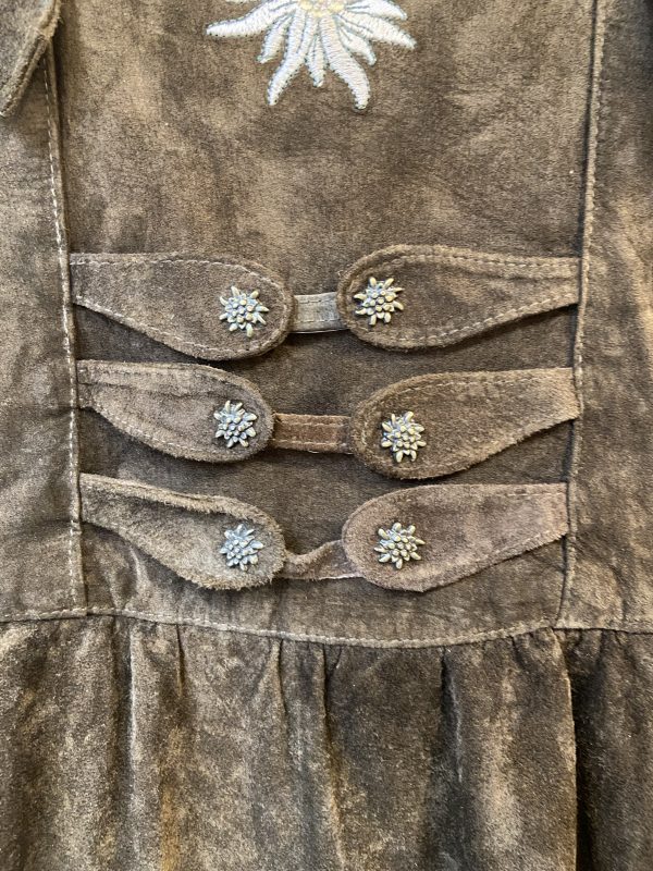 Floral metal buckles detail on 1980s Bavarian suede dress