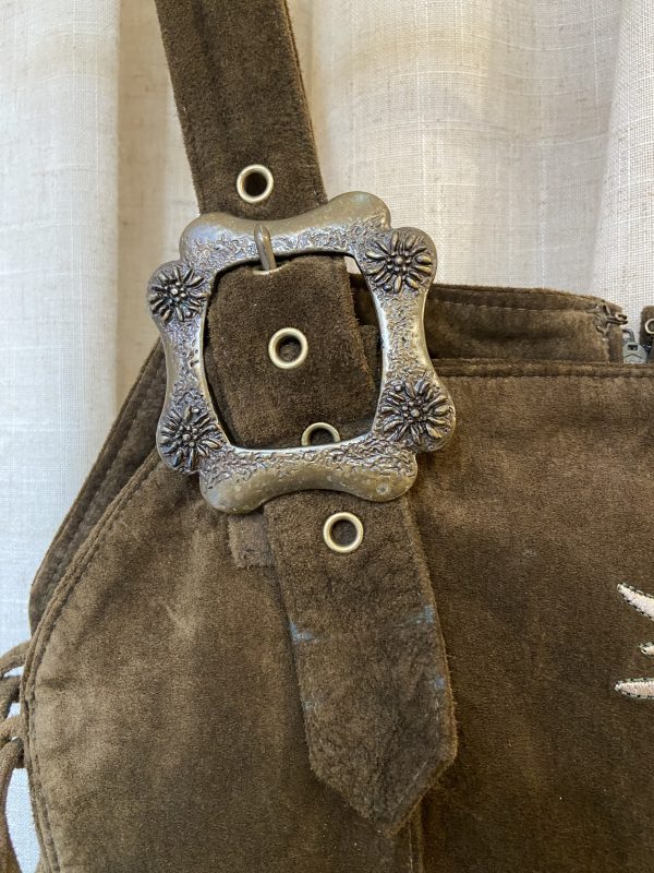 Adjustable side lace detail on 1980s Bavarian suede dress