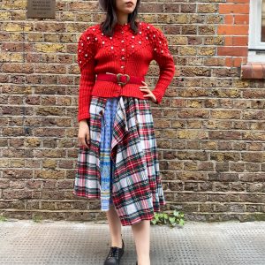 Vintage 1940s red bobble knit cardigan styled with relaxed fit on model, UK size 8
