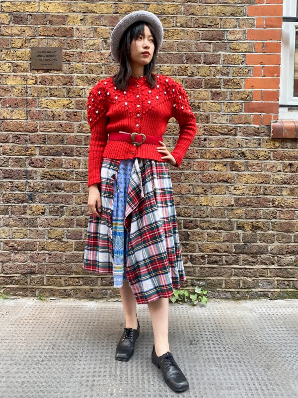 Vintage 1940s red bobble knit cardigan styled with relaxed fit on model, UK size 8