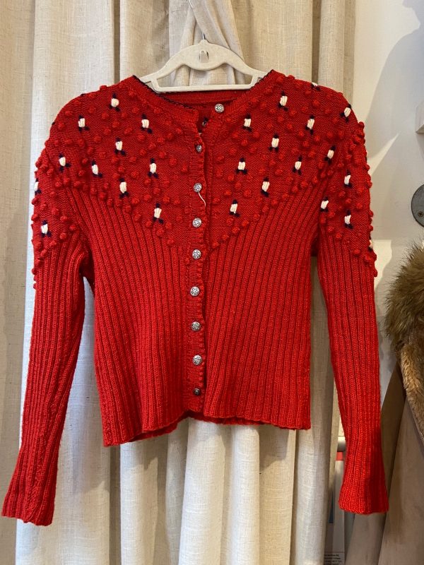 1940s hand-knitted cherry red bobble cardigan with floral embroidery and vintage metal buttons