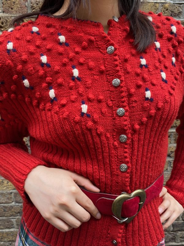 Vintage 1940s red bobble knit cardigan styled with relaxed fit on model, UK size 8