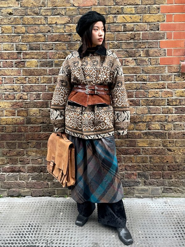 1980s woven tapestry jacket front view with wooden buttons