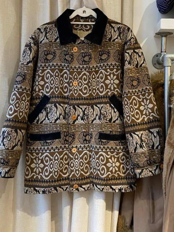 1980s woven tapestry jacket front view with wooden buttons