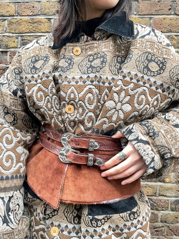 1980s woven tapestry jacket front view with wooden buttons