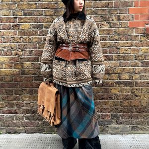 1980s woven tapestry jacket front view with wooden buttons