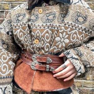 1980s woven tapestry jacket front view with wooden buttons
