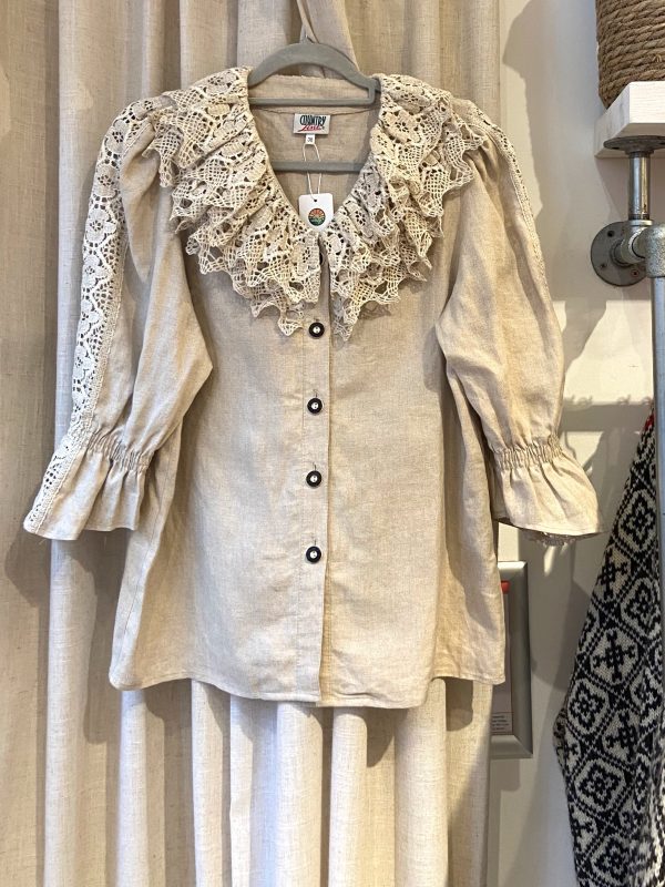 1980s vintage lace linen blouse with puff sleeves