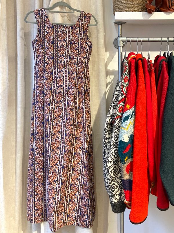 Vintage paisley print in burnt orange and navy from 1960s dress