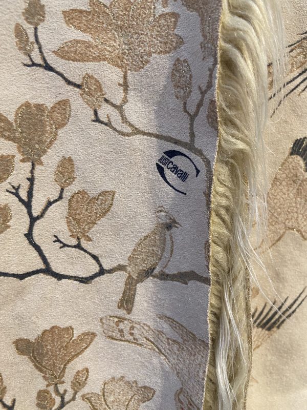Just Cavalli designer coat blossom print fabric close-up