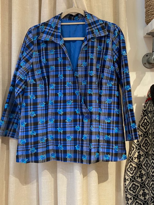vintage blue brown plaid silk jacket