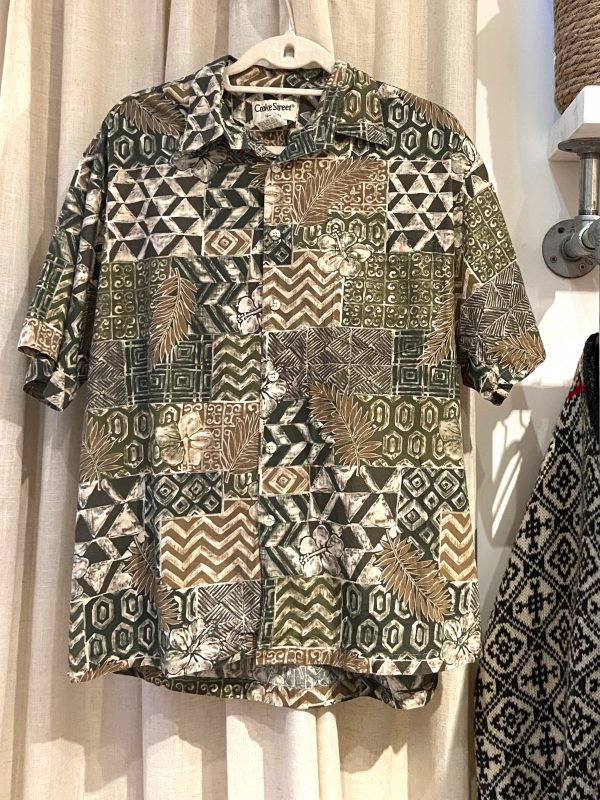 1980s Hawaiian shirt by Cooke Street with geometric and floral patchwork, front view