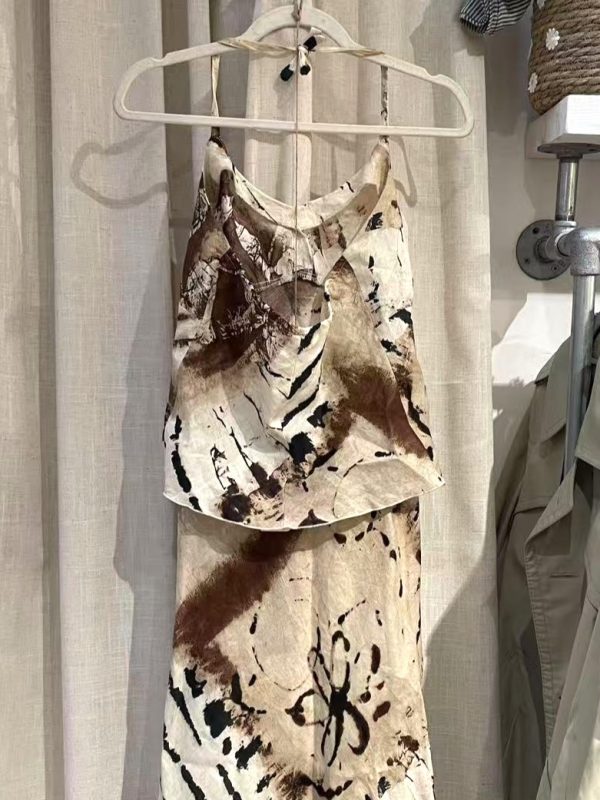 Full hanging view of Bottom of early 2000s abstract linen two-piece set