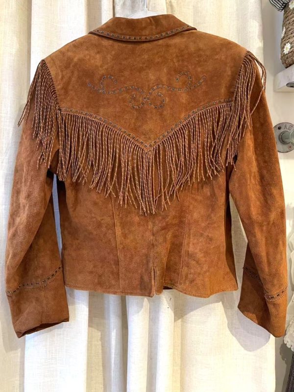 Back view of Western-style suede fringe jacket with embroidery detail