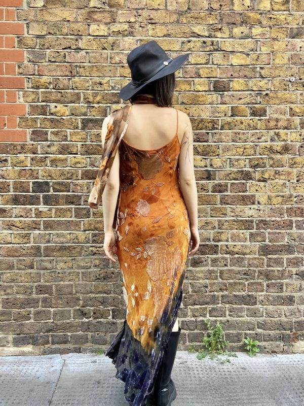 Model wearing late 1990s burnout velvet evening dress with cowl neck and ombré fade