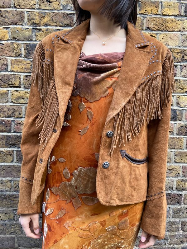 Burnout velvet evening dress styled with brown suede fringe jacket
