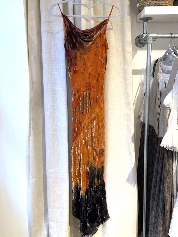 Front view of vintage burnout velvet slip dress with charcoal-lavender gradient