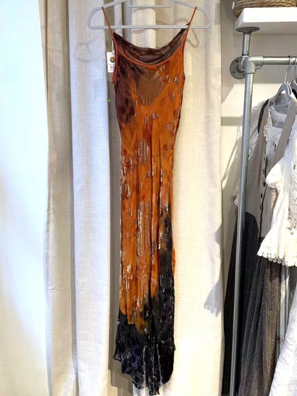 Back view of vintage burnout velvet slip dress with charcoal-lavender gradient