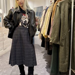 Late 1970s tartan wrap skirt styled on model front view