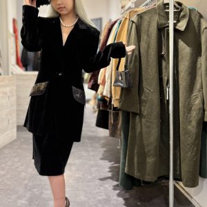 Model wearing late 1980s Louis Féraud velvet suit