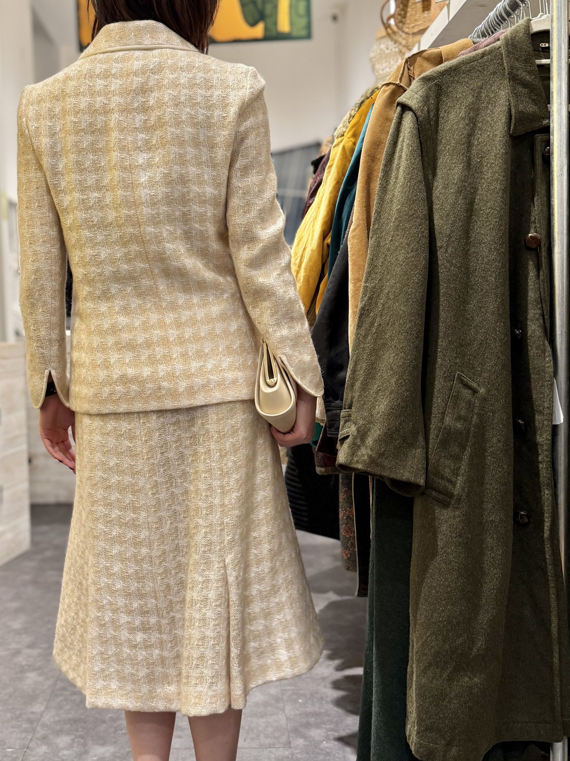 Late 1960s Textured Tweed Skirt Suit 3 - Gong Nong Bing Vintage Back view of cream 1960s tweed skirt suit with softly flared skirt