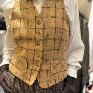 Late 1980s Shetland tweed waistcoat in mustard windowpane check worn with cream shirt
