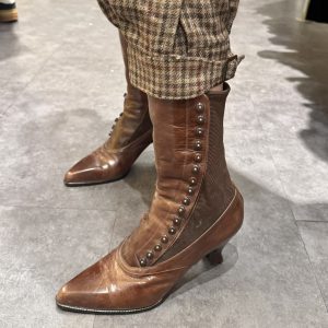 Model wearing late 1970s Victorian revival boots from Doreen’s Wardrobe